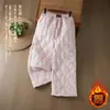 Calças de algodão leves estilo europeu com enchimento de plumas para mulheres, projetadas para uso ao ar livre no inverno, com corte reto, cordão e punhos elásticos, semelhantes a calças harém.