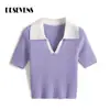 Camiseta Retro de Manga Corta con Cuello Polo Estilo Hong Kong, Tejido de Punto Fino de Seda de Hielo Femenino, Top Simple de Solapa Bloque de Color, Delgado