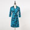 Vestido Europeu Novo Elegante Cinza Azul Estampado Gola Alça Comprimento Médio Decote V Slim Fit Feminino