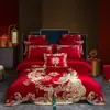 Juego de Cuatro Piezas de Algodón de Fibra Larga de Gama Alta para Boda Juego de Boda Chino Bordado Rojo Ropa de Cama de Boda de Algodón Puro