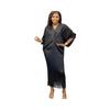Outono 2023 Miyake Plissado Fashionável Solto Manga Morcego Decote V Slim-fit Cauda de Peixe Cor Sólida Franja Recorte Vestido