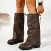 Botas Largas de Tacón Grueso y Punta Redonda para Mujer, Efecto Adelgazante, Pantorrilla Ancha, Caña Fruncida Apilada, Botas de Montar hasta la Rodilla