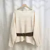 Ropa de otoño para mujer: Suéter de punto de alta gama, de manga larga, con textura ondulada, diseño calado, corte holgado, estilo coreano, y viene con un cinturón