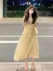 Novedad Francesa Vestido Amarillo sin Mangas Adelgazante de Cintura Chaleco de Playa Vestido Tarta para Verano