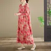 Vestido Longo Estampado Estilo Artístico Novo Primavera e Outono, Gola Redonda, Tamanho Grande Feminino, Algodão Puro, Vestido Longo