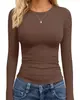Camiseta Casual Slim Fit de Manga Longa Popular Europeia e Americana TK da Amazon para Mulheres, Cor Sólida Estampada, Gola Redonda, Top Slim Fit
