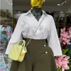 Roupas Femininas Europeias e Americanas Outono 2025 Novo Doce e Fresco Listrado Gola Lapela Solto Manga Três Quartos Camisa Top Feminino