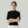 Suéter base para mujer, lavable a máquina, sin costuras, cuello medio alto, manga corta, corte ajustado, delgado, tipo playera de punto, tejido