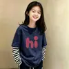 Camiseta de manga larga de algodón puro con retazos a rayas para niñas, versátil, para primavera y otoño, para niños mayores, estilo coreano, corte holgado, efecto dos piezas, moderna