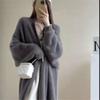 Cardigan de Tricô Falso de Pelo de Mínk Solto de Comprimento Médio Outono 2026 para Mulheres, Casaco Estilo Preguiçoso Primavera e Outono com Design Patchwork