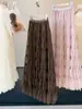 Falda larga de malla abullonada estilo suave para mujer, otoño, cintura alta, fluida, holgada, plisada, línea A, estilo pastel