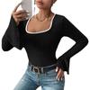 Europeo y Americano transfronterizo 2023 Otoño Nuevo Amazon cuello cuadrado top ajustado para mujer color contraste pit Manga Larga Campana T mujer
