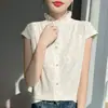 Camiseta sin mangas de base de Lyocell con cuello de encaje estilo chino, súper ventas de verano, top pullover elegante vintage para mujer
