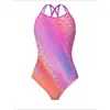 [Sereia Gradiente Rosa] Maiô Competitivo de Camada Única Triângulo para Mulheres, Traje de Natação Profissional Sem Bojo