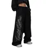 Pantalones de Chándal Anchos para Mujer con Letras de Pedrería, Estilo Retro Americano Desgastado, Pantalones Deportivos Casuales Convertibles con Puño, Pantalones de Cintura Alta de Longitud Completa