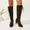 Botas de camurça de inverno acima do joelho, tamanhos grandes, saltos grossos, zíper lateral, botas de moda retrô de salto alto para mulheres