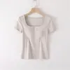 Nova Blusa Feminina de Verão com Gola Quadrada e Bojo Embutido, Top Base de Manga Curta Integrado com Bojo Integrado e Meias Mangas