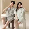 Pijama Fresco de Algodão com Elastano para Casal Feminino, Conjunto Casual de Cardigã com Shorts de Manga Curta Fino para o Verão, Roupa Simples e Fresca para Casa
