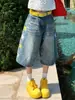 Shorts de Mezclilla Lavados Bordados de Moda Estilo Retro Americano, Estilo Callejero de Verano, Frescos y Versátiles, Pantalones Anchos Holgados de Seis Puntos