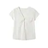 Camisa de punto acanalado con cuello retorcido y manga corta para mujer, verano, con mangas acampanadas, estilizante, elegante, top ligero en blanco y morado