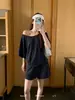 Conjunto de Dos Piezas: Camiseta Holgada de Manga Corta con Escote Retorcido de Kapok y Hombro Asimétrico + Pantalones Cortos con Cintura Elástica y Cordón 26925