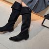 Botas de Caña Alta Retro Marrón Ante Cuña Tacón Medio de Dos Formas para Mujer 2026 Nuevas Otoño e Invierno Cuadradas Arrugadas
