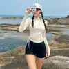 Traje de baño de manga larga, cuello alto, cremallera conservadora, ajustado, estilo bóxer plano, con abertura, para mujer, para surf y buceo.