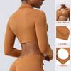 Top deportivo sexy de cuello de solapa color nude con torsión, que expone el ombligo, ropa de yoga con almohadilla en el pecho, camiseta de manga larga para entrenamiento en interiores y fitness