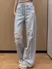 Jeans de encaje desgarrado con pedrería de color claro estilo americano talla grande para mujer, pantalones sueltos rectos de pierna ancha hasta el suelo para verano 2026