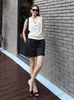 Chaleco Superior sin Mangas Azul Marino Lyocell Tencel Lino Cuello Polo Fresco para Mujer Camisa Polo de Verano para Mujer Verano