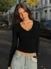Roupas Femininas Transfronteiriças Europeias e Americanas 2025 Inverno Novo Renda Decote V Mangas Compridas Tops Moda Casual Cor Pura Camiseta Slim para Mulheres