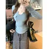 Base Escovada Vintage Top Novo Outono 2025 Estilo Garota Popular Slim Fit Ombro Normal Nicho Manga Longa Camiseta para Mulheres