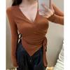 Tops Curtos Atacado Transfronteiriço para Mulheres, Camisetas Básicas Irregulares em Cores Vivas, Camisetas de Manga Comprida Estilo Chá Dopamina