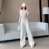 Pantalones Anchos Beige de Alta Gama Transfronterizos para Mujer Otoño e Invierno 2025 Nuevos Pantalones Casuales de Cintura Alta Ajustados de Tela Pesada con Tachuelas de Largo Completo