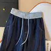 Jeans feminino de cintura alta com cadarço elástico e perna larga para meninas cheinhas, calça reta de comprimento total, calça feminina plus size solta casual machete