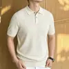 Suéter masculino de malha de linho e seda de amoreira para outono, com mangas curtas, gola virada, listrado, estilo old money, suéter casual de mangas curtas para homens, estilo transfronteiriço