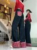 Jeans de Pierna Ancha con Parches de Cuadros Rojos Estilo Retro Americano para Mujer Otoño e Invierno 2026 Nuevo Cintura Alta Talla Grande Sueltos y Adelgazantes