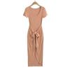 Vestido feminino grande com decote redondo e manga curta, duas peças, elegante, longo, com nó, cintura alta