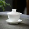 Tigela de Porcelana Branca Dehua com Tampa Xícara de Chá Chá Individual Tigela de Chá Três Cores Cerâmica Grande Conjunto de Chá Kung Fu Casa Atacado