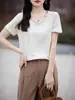 Nuevo Suéter de Punto Casual Holgado de Manga Corta de Color Sólido con Cuello en V y Borde Enrollado para Mujer Primavera/Verano 2026 Estilo Coreano Camiseta