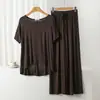 Conjunto de Pijama Casual Duas Peças Feminino de Modal com Gola Redonda e Manga Curta com Calça de Perna Larga Roupas de Casa Tamanho Plus Size Solto
