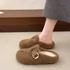 Pantuflas de Medio Zapato Mocasines Moda Punta Cerrada Forro de Lana de Cordero Hebilla de Cuero 2026 Pantuflas de Algodón Split Sintético Para Exteriores Invierno