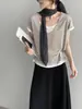 Então O Ar Condicionado Portátil Tencel Falso Duas Peças Manga Curta Emagrecedor Feminino Estilo Coreano Decote V Bloco de Cores Patchwork Camiseta N8726