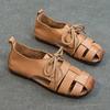 Sandalias de Mujer de Cuero de Vaca Estilo Nuevo de Verano Tacón Plano Suela Suave Punta Cubierta Artísticas Hechas a Mano Vintage Huecas Zapatos de Mujer con Suela de Cuero