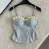 Top de tirantes strapless con encaje de rosa a rayas azules y blancas para mujer