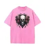 2026 Transfronteiriça Retrô Halloween Rosa Caveira Rosa Camiseta Estampada de Manga Curta Unissex Lavada