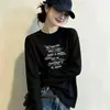 Camiseta de Manga Longa Algodão Puro Estampa de Letra Estilo Coreano Feminina Primavera Outono 2026 Preto Gola Redonda Solta Versátil Emagrecedor Top ins