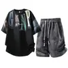 Camiseta de Manga Corta Holgada con Estampado de Letras a la Moda Estilo Americano Conjunto de Moda para Hombre Verano Casual Pantalones Cortos de Manga Corta Dos Piezas Cambio de Temporada Principios de Otoño