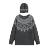 Suéter Suelto Jacquard Fair Isle Nórdico para Mujer, Estilo Casual Otoño e Invierno Cuello Redondo Tejido Vintage con Gorro de Punto Incluido