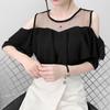 Verão Novo Estilo Coreano Splicing Ombro Caído Camisa Chiffon Fada para Mulheres Versátil Solta Manga Curta Ombro Caído Gola Redonda Top para Mulheres